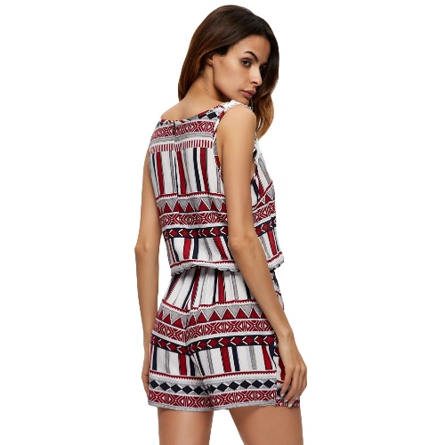 

New Sexy Women Jumpsuit Short Rompers Stripe Geometric Hollow Out O-Neck Sleeveless Casual Playsuit Burgundy