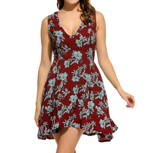 

Vintage Floral Print V Neck Sleeveless Zipper A Line Women Mini Sundress