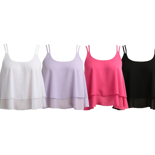 Donne senza maniche in chiffon Top Plunge Collo doppio cravatta spaghetti doppio strato rivestito in vita casual