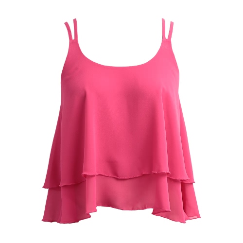 

Women Sleeveless Chiffon Top Plunge Neck Dual Spaghetti Strap Double Layer Draped Casual Top