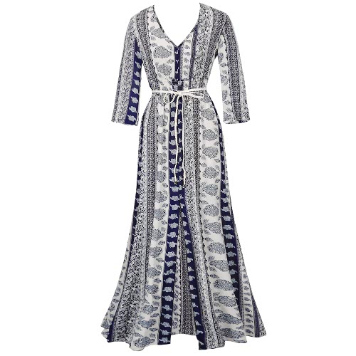 

New Sexy Women Chiffon Maxi Dress Vintage Floral Print Split Front V-Neck Elastic Waist Belted Boho Long Dress Red/Blue/Khaki