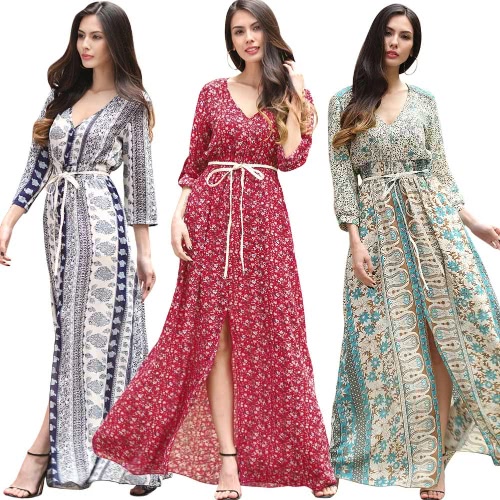 

New Sexy Women Chiffon Maxi Dress Vintage Floral Print Split Front V-Neck Elastic Waist Belted Boho Long Dress Red/Blue/Khaki