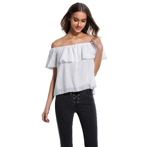 Femmes élégantes Hauts Couleur unie Encolure élastique Slash Neck Ruffle Overlay lâche Parti Clubwear blanc