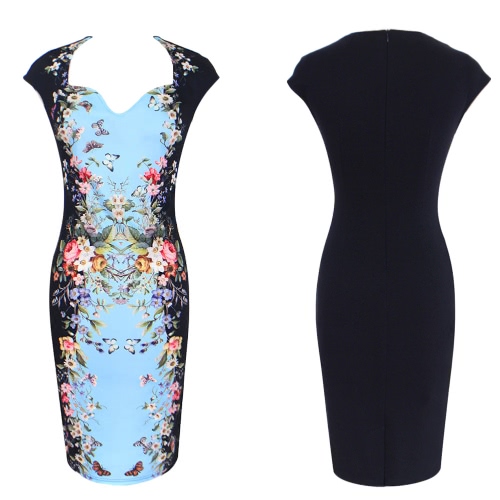 

New Women Midi Dress Flora Print V-Neck Short Sleeves Zipper Vintage Casual Slim Dress White/Pink/Blue
