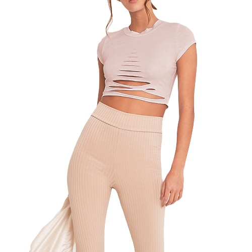

Ripped Отверстие Crop Выдалбливают с коротким рукавом Женская футболка