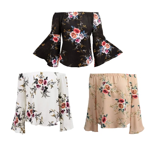 Women Off The Shoulder Top Floral Print Elastic Slash Neck Long Flare Sleeve Asymmetrical Blouse Casual huismerk kopen in de aanbieding Women Off The Shoulder Top Floral Print Elastic Slash Neck Long Flare Sleeve Asymmetrical Blouse Casual huismerk kopen in de aanbieding