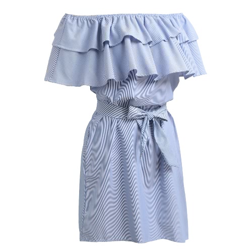 

Women Dress Stripe Print Off Shoulder Elastic Slash Neck Ruffle Hem Tie Casual Party Beach Wear One-Piece