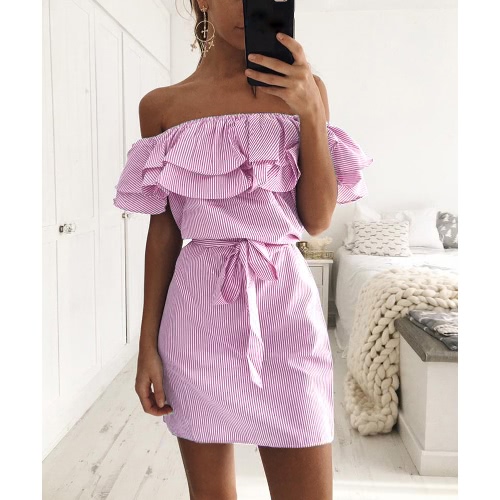 

Women Dress Stripe Print Off Shoulder Elastic Slash Neck Ruffle Hem Tie Casual Party Beach Wear One-Piece