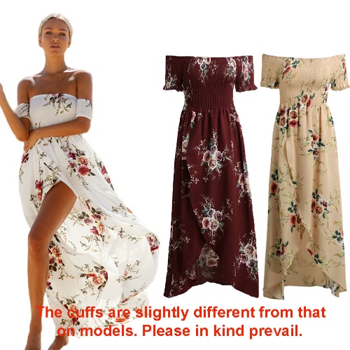 

Sexy Women Boho Maxi Dress Off Shoulder Floral Print Split Summer Beach Holiday Long Dress White/Burgundy/Beige