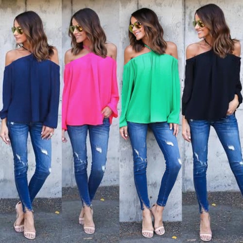 

New Sexy Women Off Shoulder Chiffon Blouse Halter Long Sleeve Casual Loose Shirt Summer T-Shirt Tops