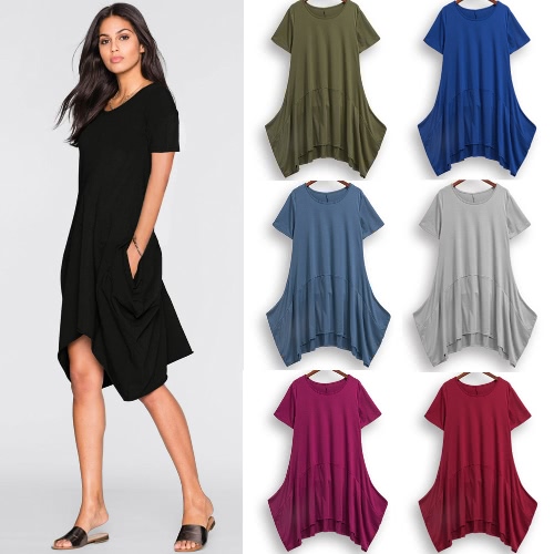 

New Fashion Women Short Sleeve Dress Pockets Solid Color Round Neck Irregular Hem Casual Dress