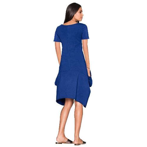 Tasche Donne Breve nuovo modo di vestito dal manicotto solido di colore girocollo irregolare Hem Dress Casual
