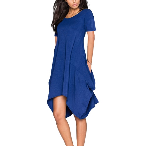 

Irregular Short Sleeve Pockets Round Neck Women's Midi Dress