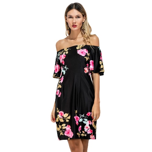 

Vintage Floral Off Shoulder Short Sleeve Women's Mini Dress