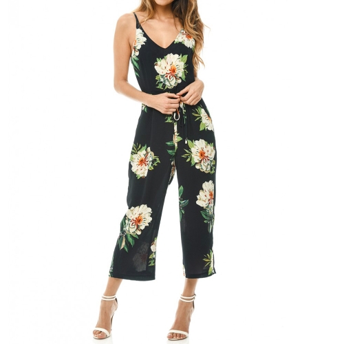 

Fashion Floral Print V-Neck Backless Belted Wide Leg Boho Rompers