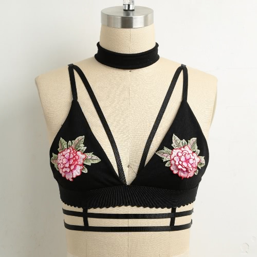 Sexy Mulheres Strappy Bralette Floral Bordado Choker Plunge V Bra Strap Lingerie Underwear Crop Top Preto