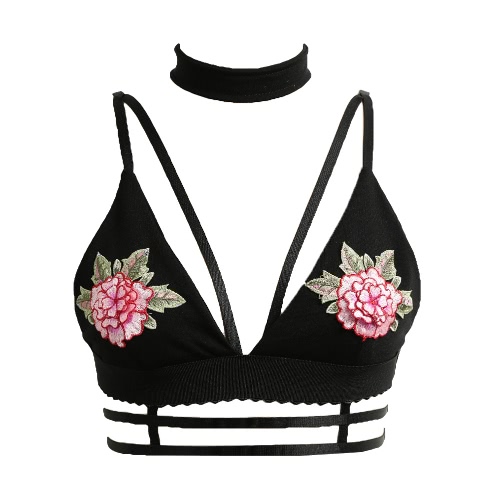 Sexy Women Strappy Bralette Floral Embroidery Choker Plunge V Bra Strap Lingerie Underwear Crop Top Black