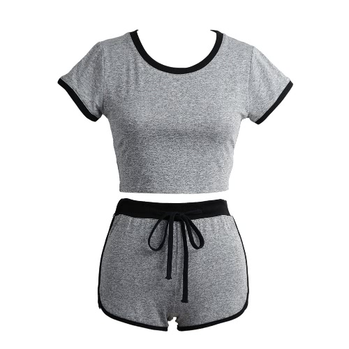 

Women Sport Yoga Set Cropped Short Sleeves Elastic Drawstring Fitness Suit
