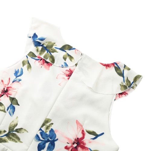 

New Sexy Women Mini Dress Floral Print Plunge V Neck Lace-Up Ruffled Sleeveless Summer Beach Dress White