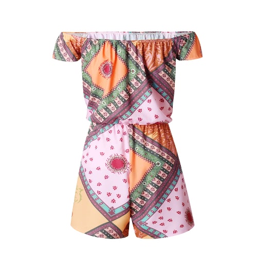 

Women Off the Shoulder Jumpsuit Contrast Print Slash Neck Elastic Waist One Piece Playsuit Rompers Orange