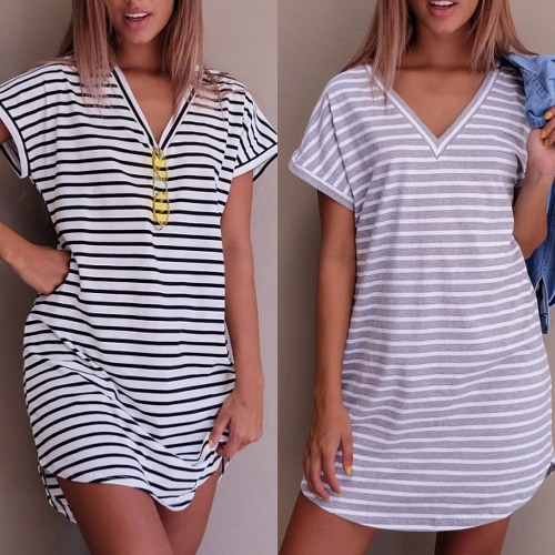 New Sexy Women Mini Dress Striped V-Neck Short Sleeves Casual Dress White/Grey