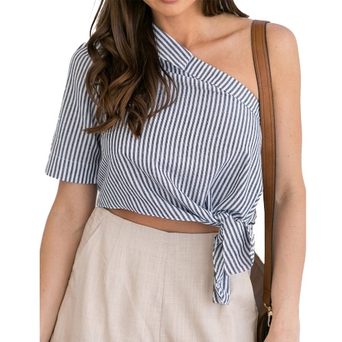 

Women Stripe One Shoulder Asymmetric Tie Short Sleeve Casual Blouse