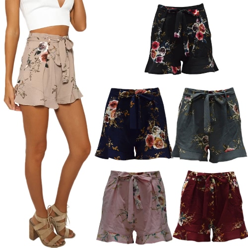 

New Women Floral Print Shorts High Waist Ruffle Ruched Side Pocket Zipper With Belt Shorts