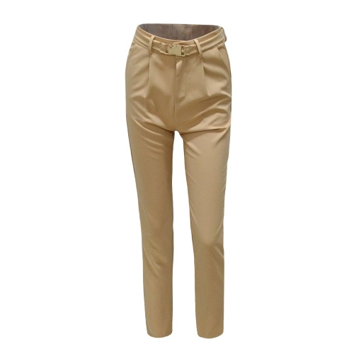 

New Women Casual Pants Pencil Trousers High Waist Pockets Solid OL Work Wear Leggings With Belt Khaki