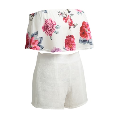 

New Women Two Pieces Set Floral Print Crop Top Shorts Sleeveless Zipper Casual Top Pants White