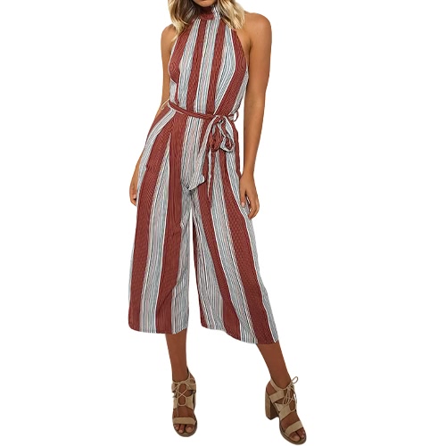 

New Women Stripe Jumpsuit Halter Backless Zipper Belted Playsuit Rompers