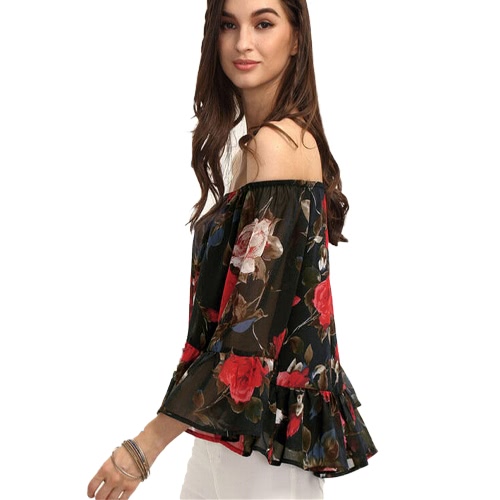 

Women Chiffon Blouse Off Shoulder Slash Neck Rose Floral Print Flare Sleeve Tops Tee Shirt Black