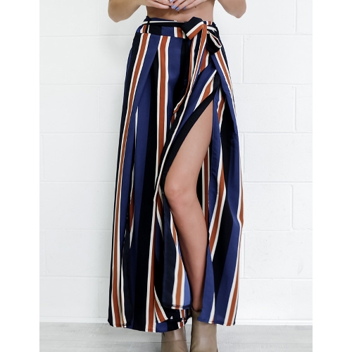 

Wide Legs Cropped Pants Side Slit Contrast Striped Print Casual Trousers