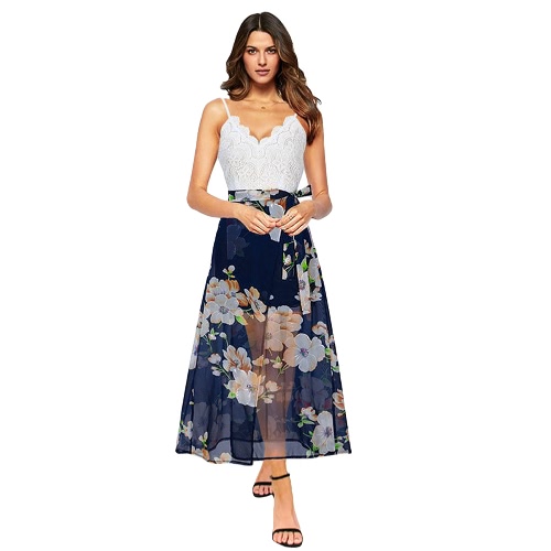 Backless Floral Print Chiffon Dress Lace V Neck Open Back Beach Summer Girls Casual Long Dress Dark Blue/Yellow