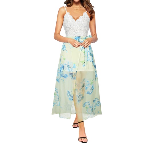 

Fashion Backless Floral Print Chiffon Dress Lace V Neck Women's Long Dress
