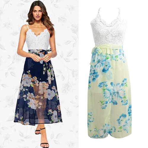 

Backless Floral Print Chiffon Dress Lace V Neck Open Back Beach Summer Girls Casual Long Dress Dark Blue/Yellow