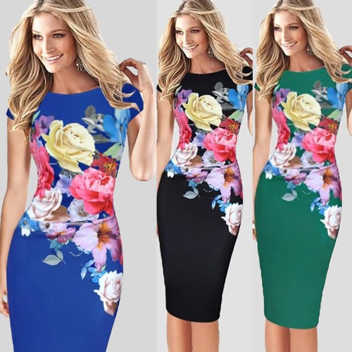 

Elegant Women Midi Dress Floral Print Bodycon Short Sleeve Ruched Formal Work Party Pencil Dress Black/ Blue/Green