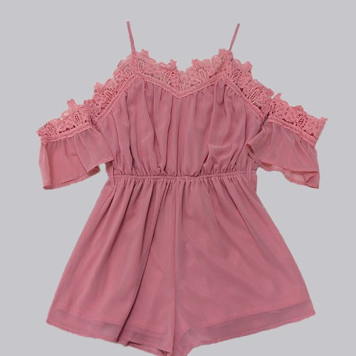

Fashion Off Shoulder Chiffon Crocheted Lace V Neck Elastic Waist Loose Jumpsuit