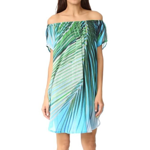 

Summer Off Shoulder Chiffon Leaf Print Asymmetric Women's Beach Dress
