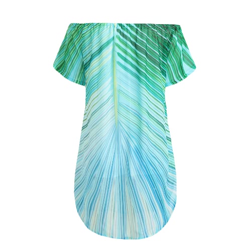 

Women Summer Off Shoulder Dress Chiffon Leaf Print Asymmetric Hem Casual Loose Beach Dress Kaftan Green
