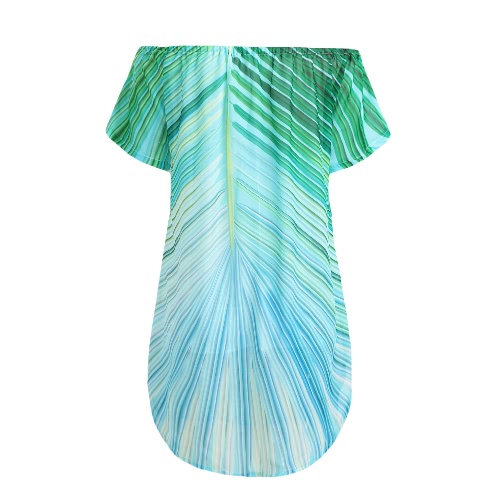 Women Summer Off Shoulder Dress Chiffon Leaf Print Asymmetric Hem Casual Loose Beach Dress Kaftan Green