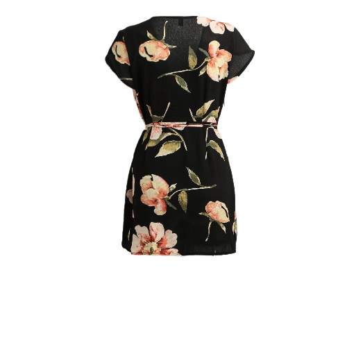 

New Fashion Women Cardigan Dress Floral Print Self-tie Laciness Cup Sleeve Mini Dress Black