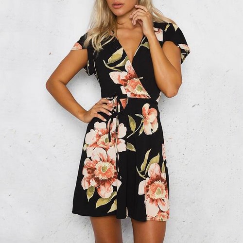 

Fashion Cardigan Floral Print Self-tie Sleeve Women's Mini Dress