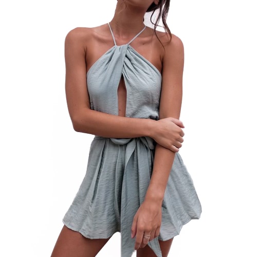 

Women Playsuit Solid Halter Neck Drape Cross Over Strappy Backless Sexy Beach Holiday Rompers Grey