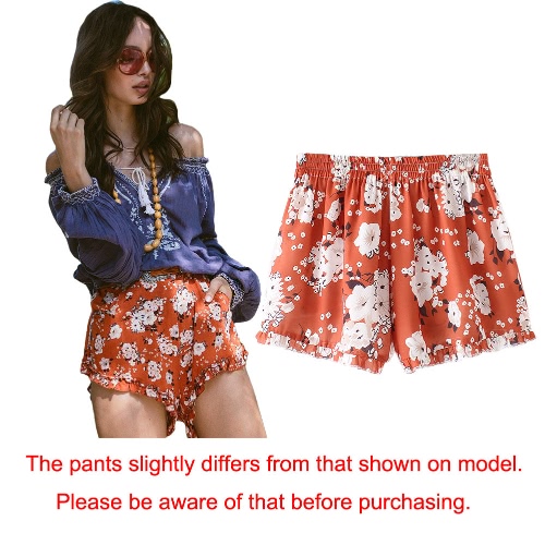 

Women Summer Boho Shorts Print Elastic High Waist Casual Beach Hot Pants Trousers Orange