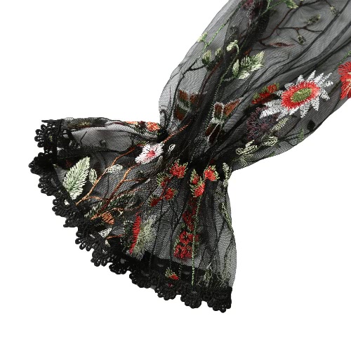 

Sexy Women Mesh Mini Dress Floral Leaves Embroidery Halter Ruffles Ruched Belted Gauze Dress Black/White
