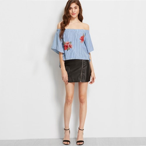 

New Women Embroidered Stripe Blouse Off Shoulder Slash Neck Casual Shirt Short Tops Blue