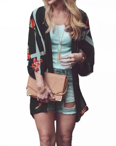 

Fashion Chiffon Loose Cardigan Front Floral Print Vintage Women's Kimono