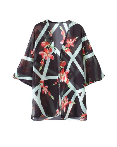 

Vintage Women Chiffon Beach Kimono Цветочная нерегулярная геометрическая печать Открытая передняя свободная тонкая бого-кардиганская черная