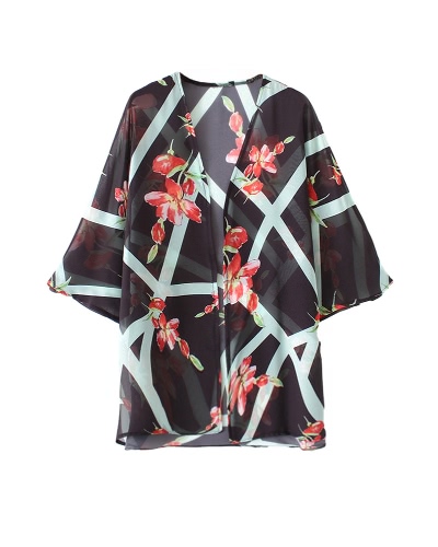 

Vintage Women Chiffon Beach Kimono Floral Irregular Geometric Print Open Front Loose Thin Boho Cardigan Black