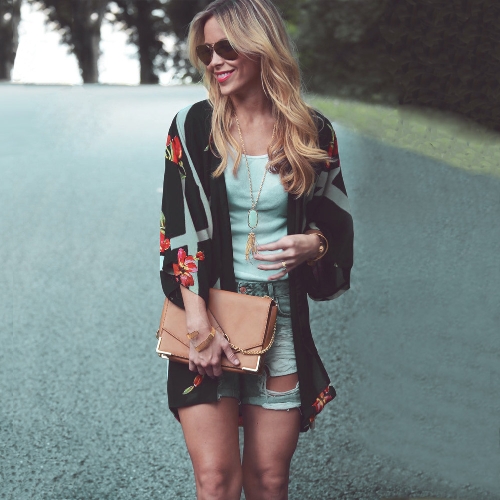 

Fashion Chiffon Loose Cardigan Front Floral Print Vintage Women's Kimono